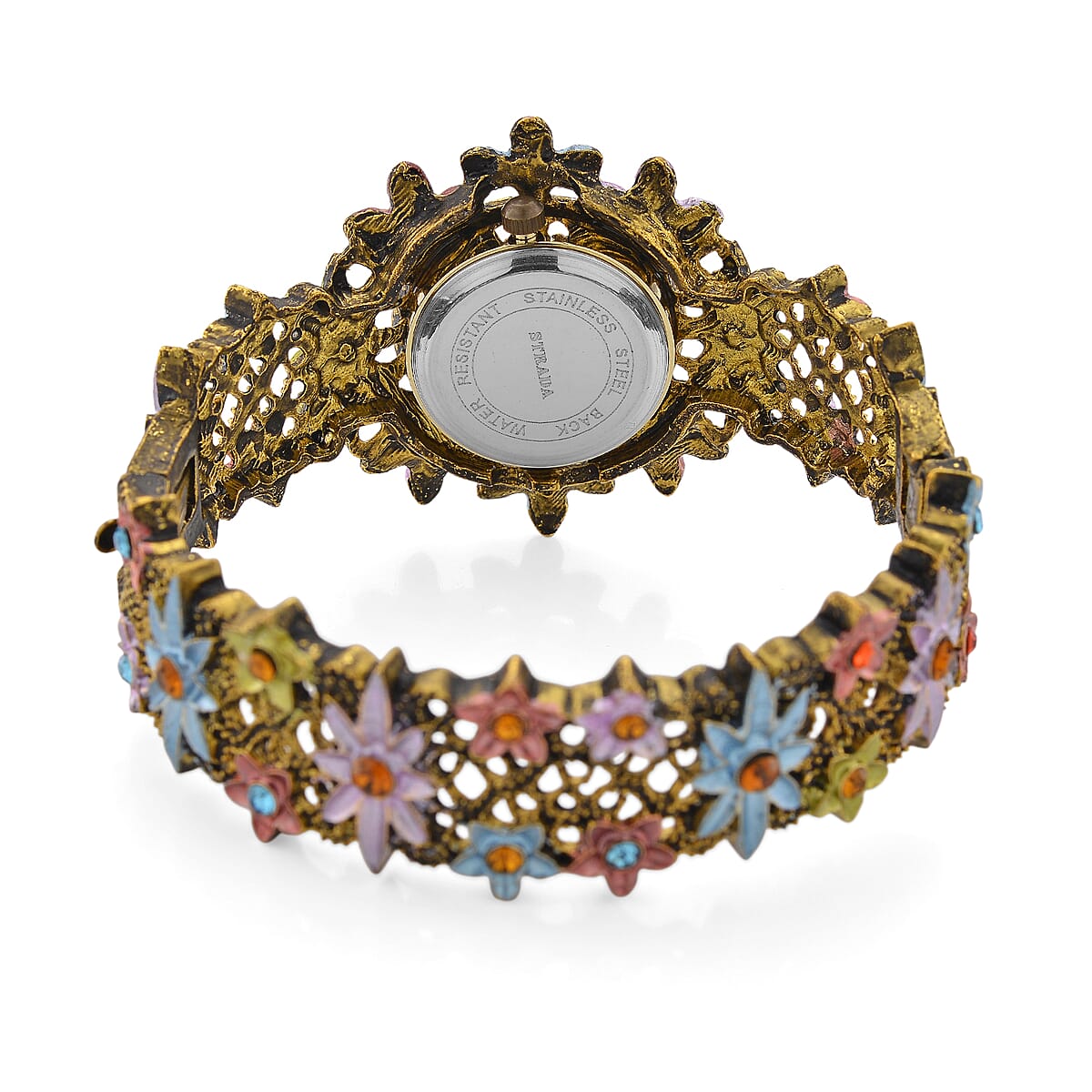 Strada Multi Color Austrian Crystal Japanese Movement Flower Bangle Watch in Dark Silvertone image number 5