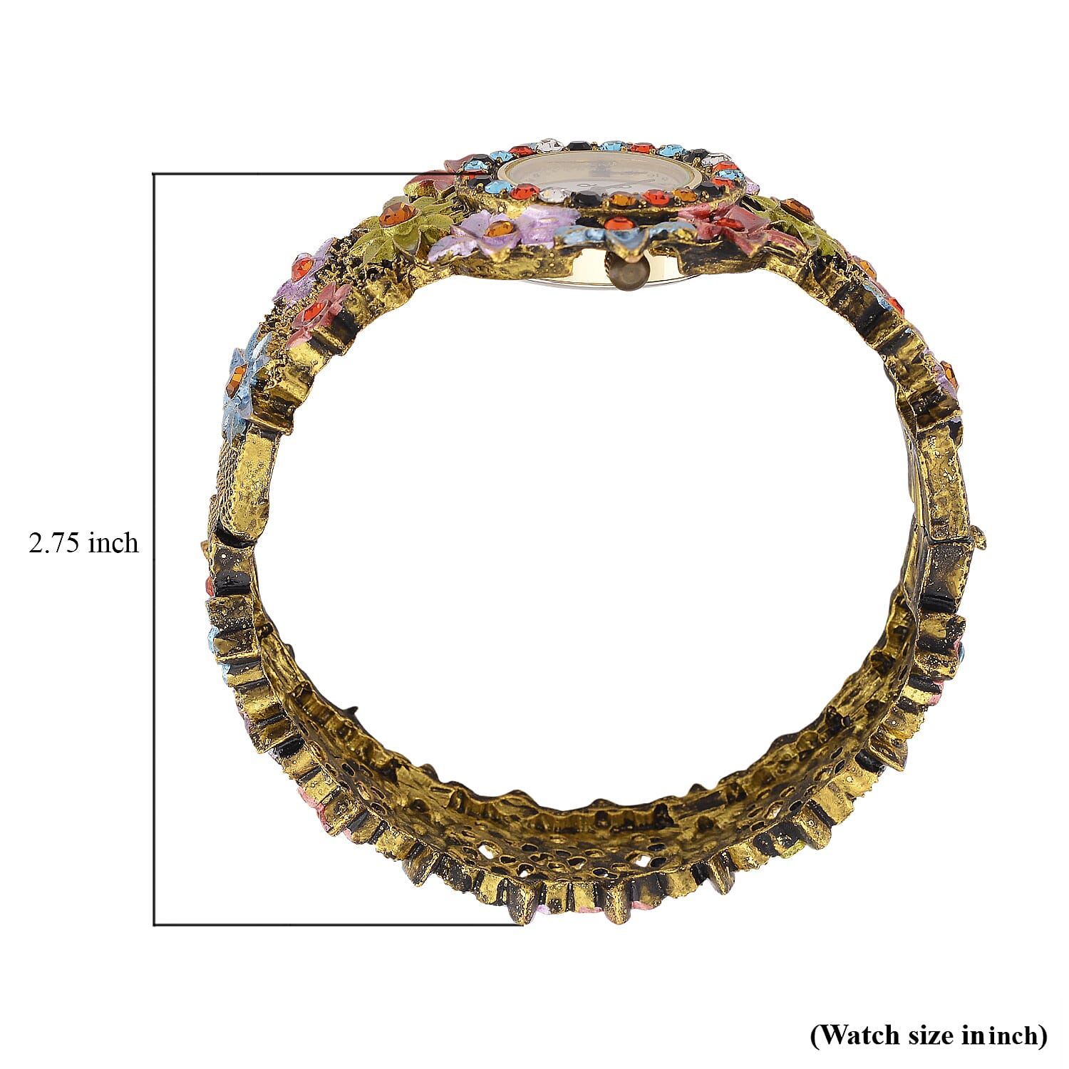 Strada Multi Color Austrian Crystal Japanese Movement Flower Bangle Watch in bronze plating black oxidised