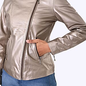 Neutral Shimmer Genuine Lamb Leather Jacket - M