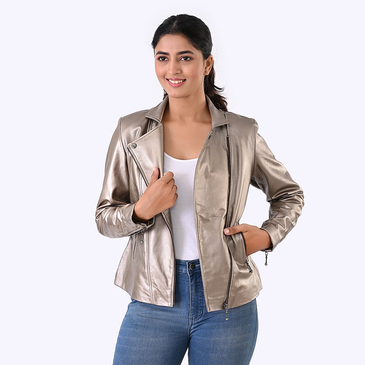  Neutral Shimmer Genuine Lamb Leather Jacket - L image number 1
