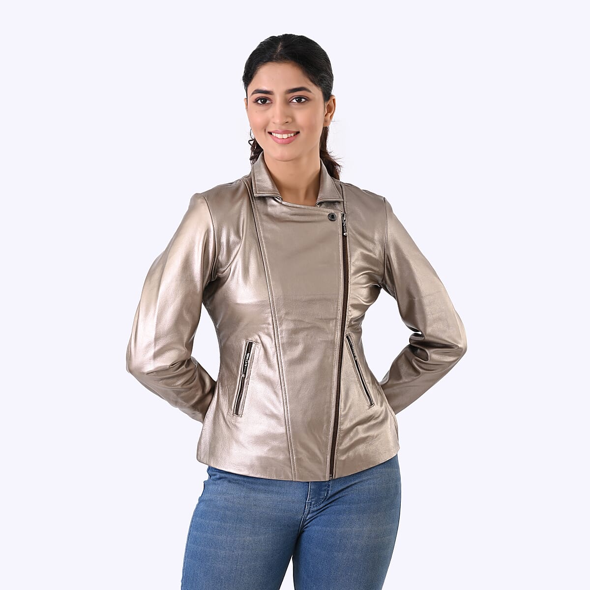  Neutral Shimmer Genuine Lamb Leather Jacket - L image number 4