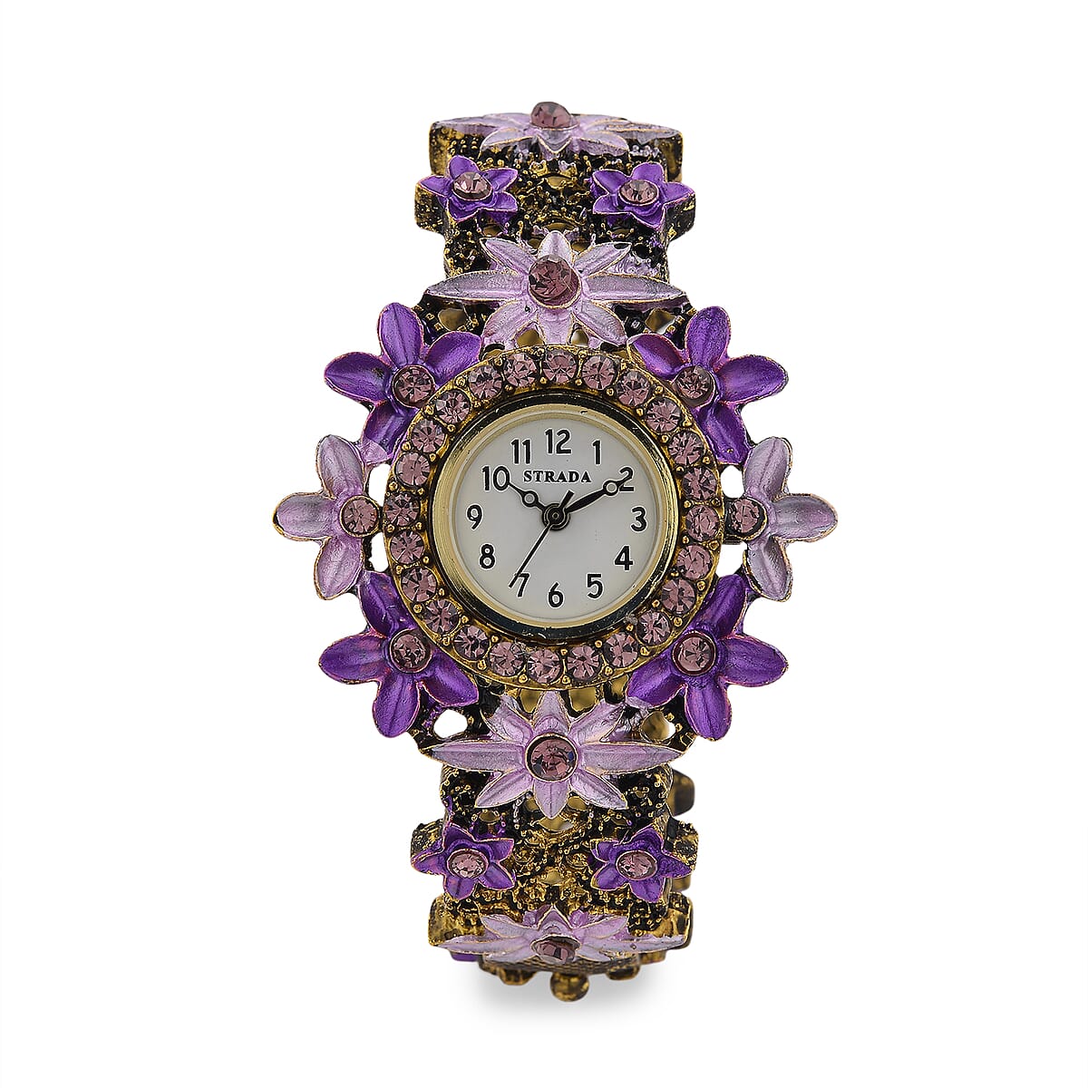 Strada Purple Austrian Crystal Japanese Movement Flower Bangle Watch in bronze plating black oxidised image number 0