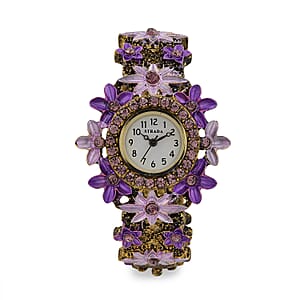 Strada Purple Austrian Crystal Japanese Movement Flower Bangle Watch in bronze plating black oxidised