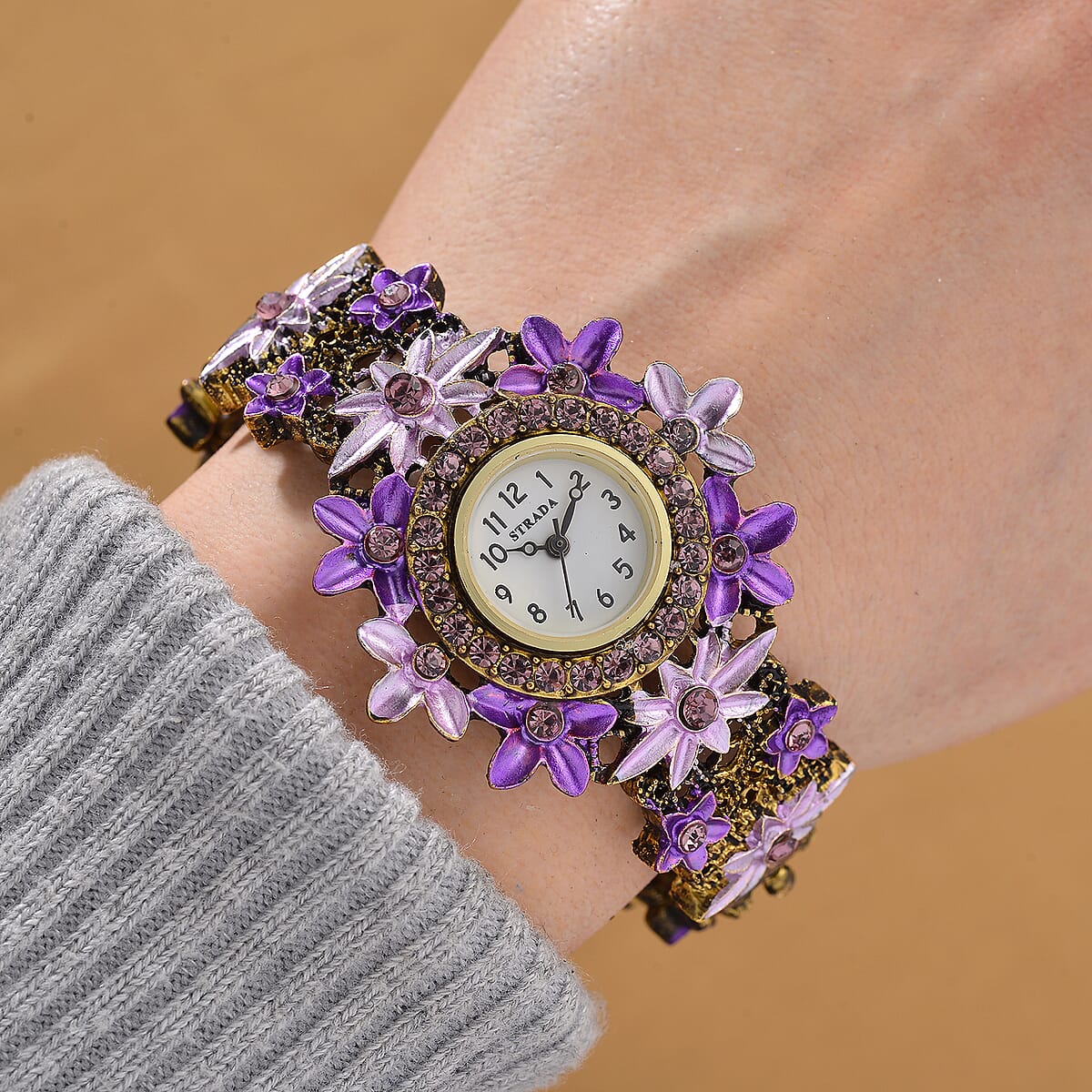 Strada Purple Austrian Crystal Japanese Movement Flower Bangle Watch in bronze plating black oxidised image number 1