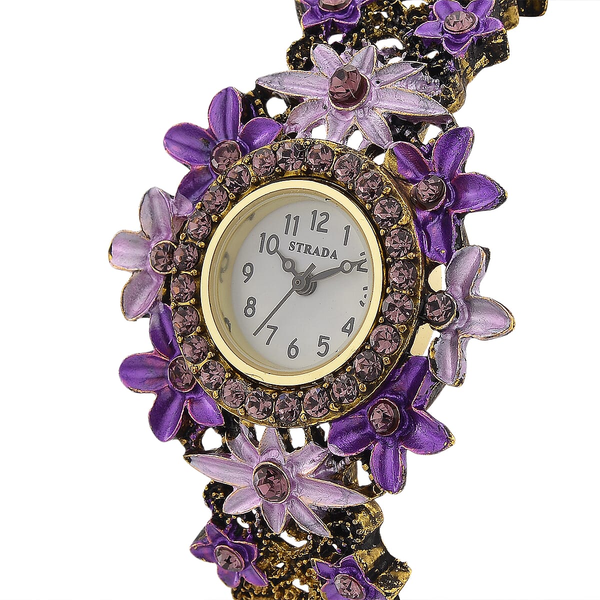 Strada Purple Austrian Crystal Japanese Movement Flower Bangle Watch in bronze plating black oxidised image number 2