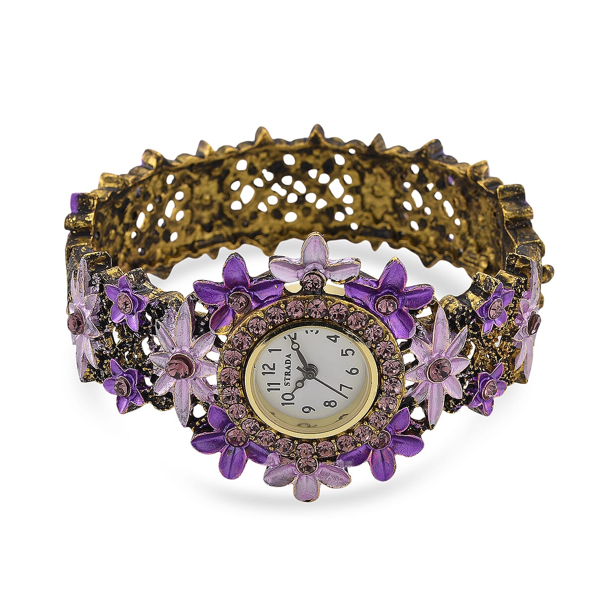 Strada Purple Austrian Crystal Japanese Movement Flower Bangle Watch in bronze plating black oxidised image number 3