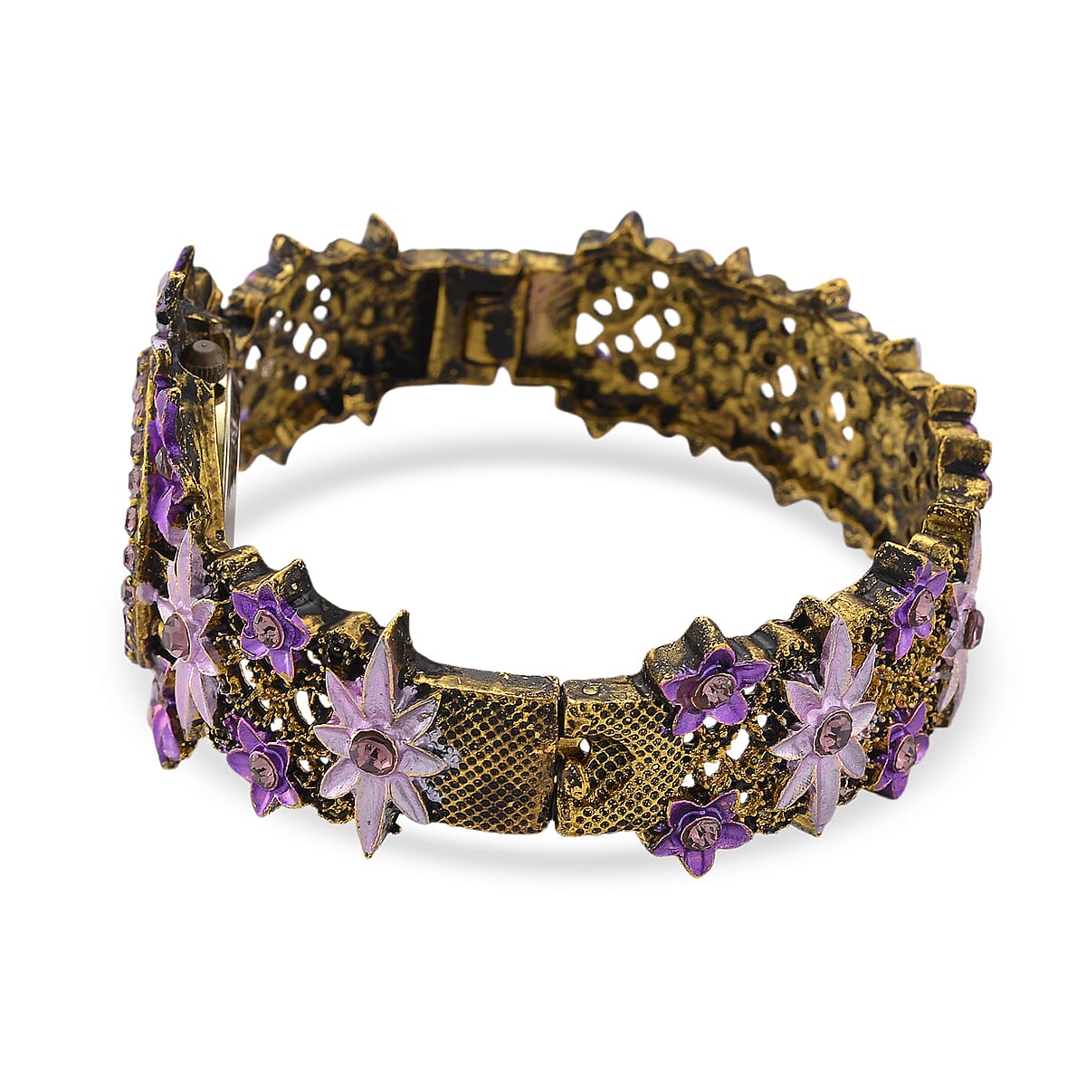 Strada Purple Austrian Crystal Japanese Movement Flower Bangle Watch in bronze plating black oxidised image number 4