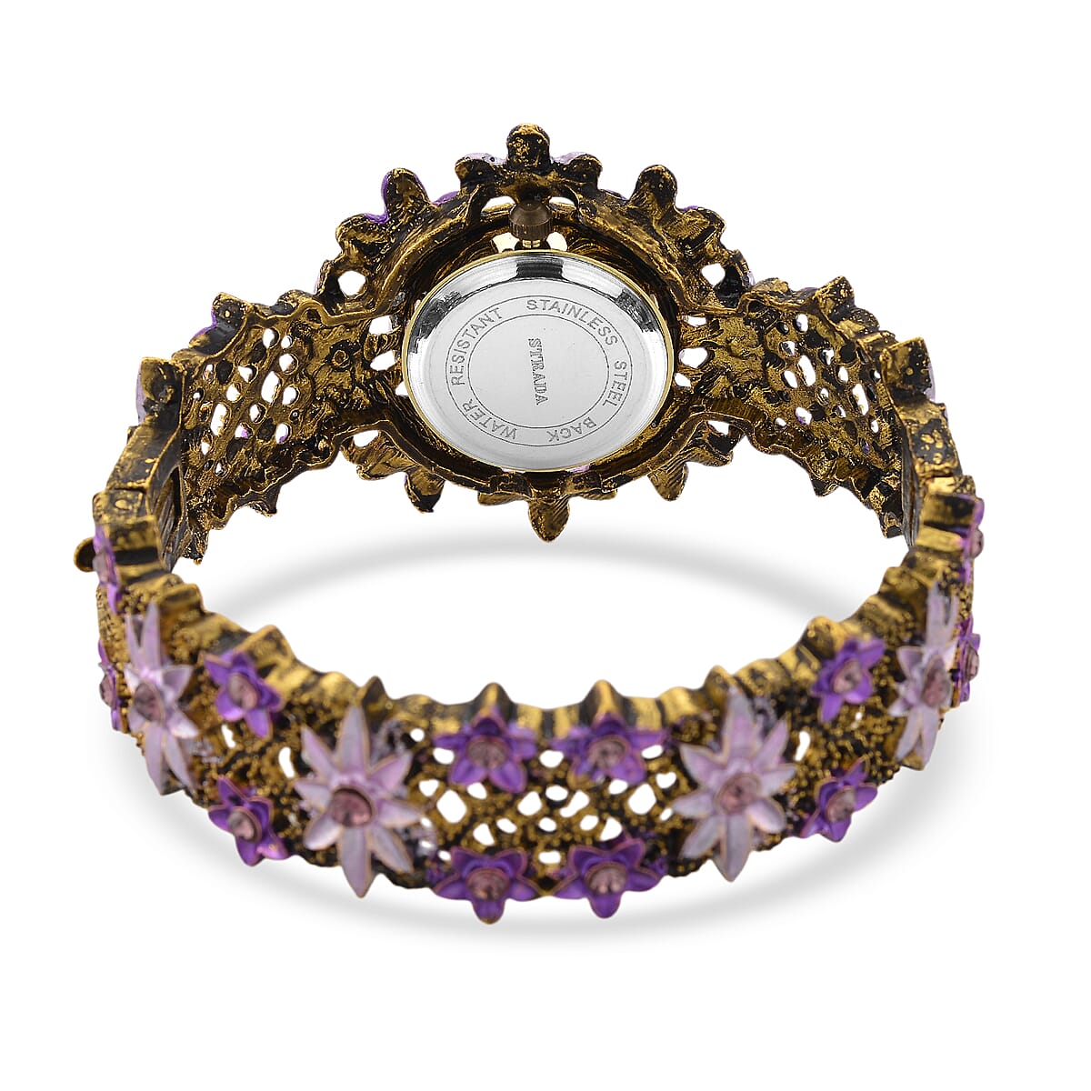 Strada Purple Austrian Crystal Japanese Movement Flower Bangle Watch in bronze plating black oxidised image number 5