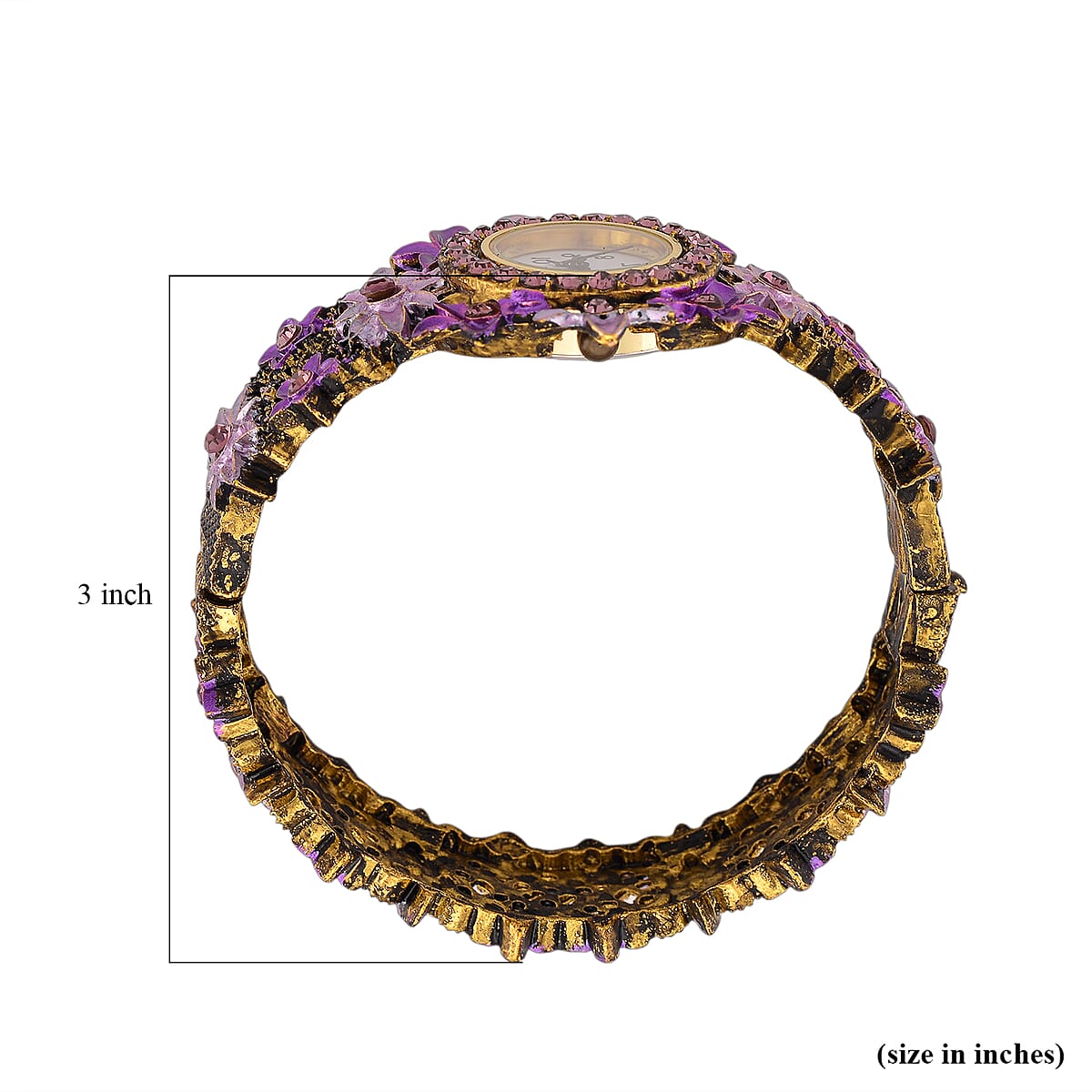 Strada Purple Austrian Crystal Japanese Movement Flower Bangle Watch in bronze plating black oxidised image number 6
