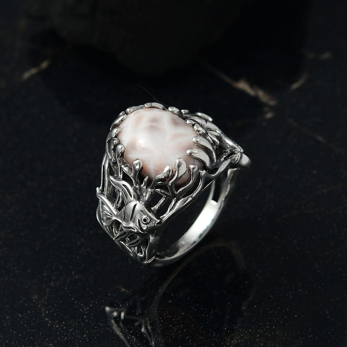 D'Joy Artisan Crafted Pink Natrolite 7.65 ctw Fish Ring in Sterling Silver image number 1