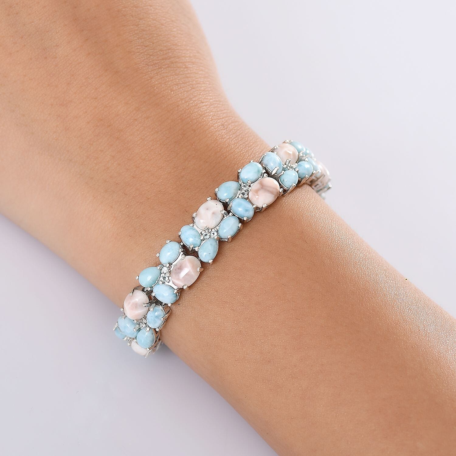 D'Joy Pink Natrolite and Multi Gemstone 42.40 ctw Dolphin Dance Bracelet in Rhodium Over Sterling Silver (7.25 In)