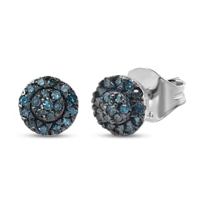 D'Joy Blue Diamond 0.23 ctw Bloomig Flower Stud Earrings in Rhodium Over Sterling Silver