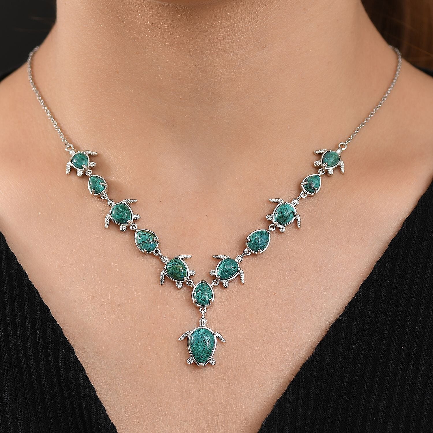 EverTrue Chrysocolla 19.20 ctw Traveling Turtle Necklace in Platinum Bond 18 Inches