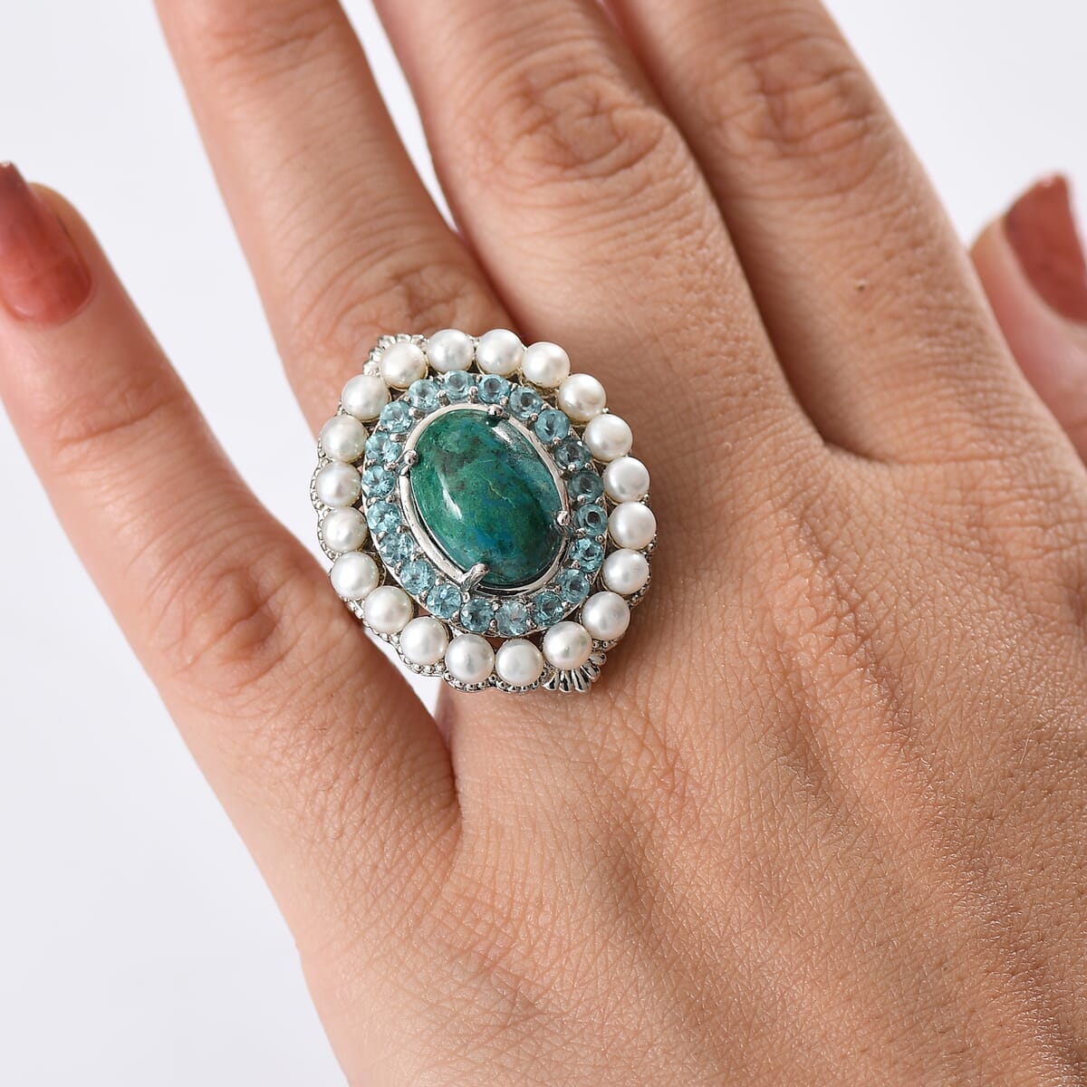 Ever True Chrysocolla and Multi Gemstone 13.75 ctw Embraces the Ocean Ring in Platinum Bond (Size 10.0) image number 2