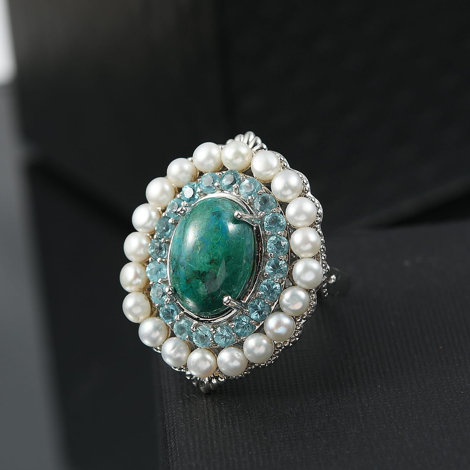 Ever True Chrysocolla, Multi Gemstone Embraces the Ocean Ring in Platinum Bond (Size 10.0) 13.75 ctw