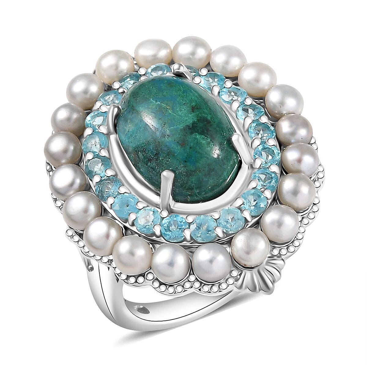 Ever True Chrysocolla, Multi Gemstone Embraces the Ocean Ring in Platinum Bond (Size 10.0) 13.75 ctw