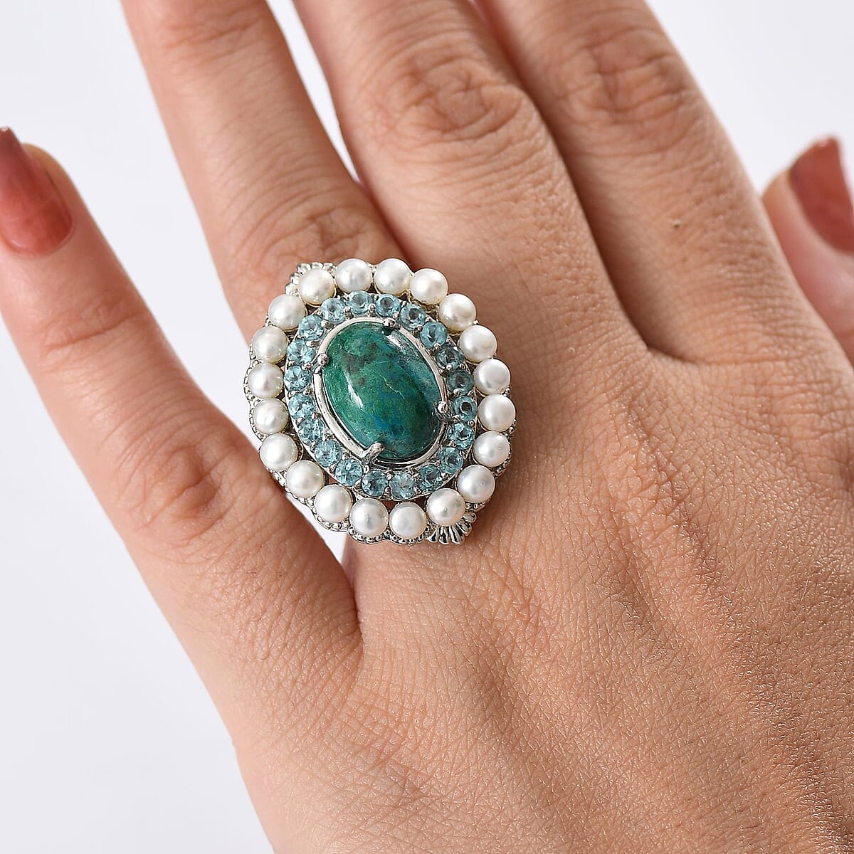 EverTrue Chrysocolla and Multi Gemstone 13.75 ctw Embraces the Ocean Ring in Platinum Bond (Size 8.0) image number 2