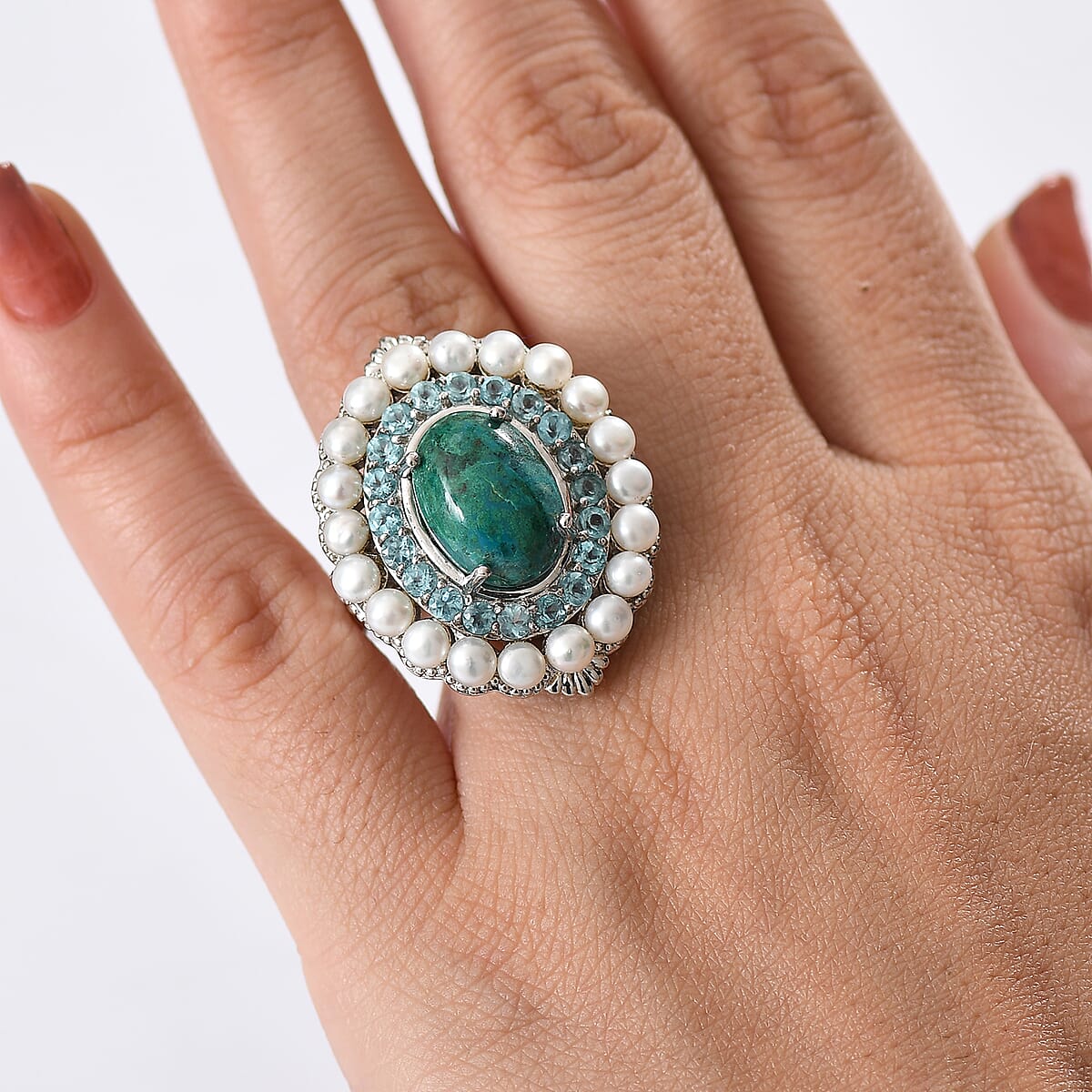 EverTrue Chrysocolla and Multi Gemstone 13.75 ctw Embraces the Ocean Ring in Platinum Bond (Size 9.0) image number 2