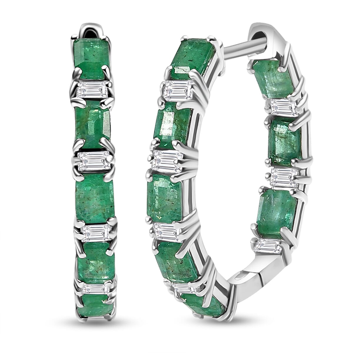 D’Joy Premium Kagem Zambian Emerald, and Moissanite Hoop 4.00 ctw Earrings in Rhodium Over Sterling Silver  image number 0