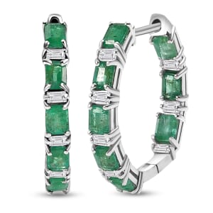 D’Joy Premium Kagem Zambian Emerald, and Moissanite Hoop 4.00 ctw Earrings in Rhodium Over Sterling Silver 