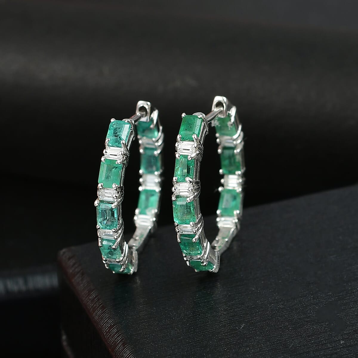 D’Joy Premium Kagem Zambian Emerald, and Moissanite Hoop 4.00 ctw Earrings in Rhodium Over Sterling Silver  image number 1