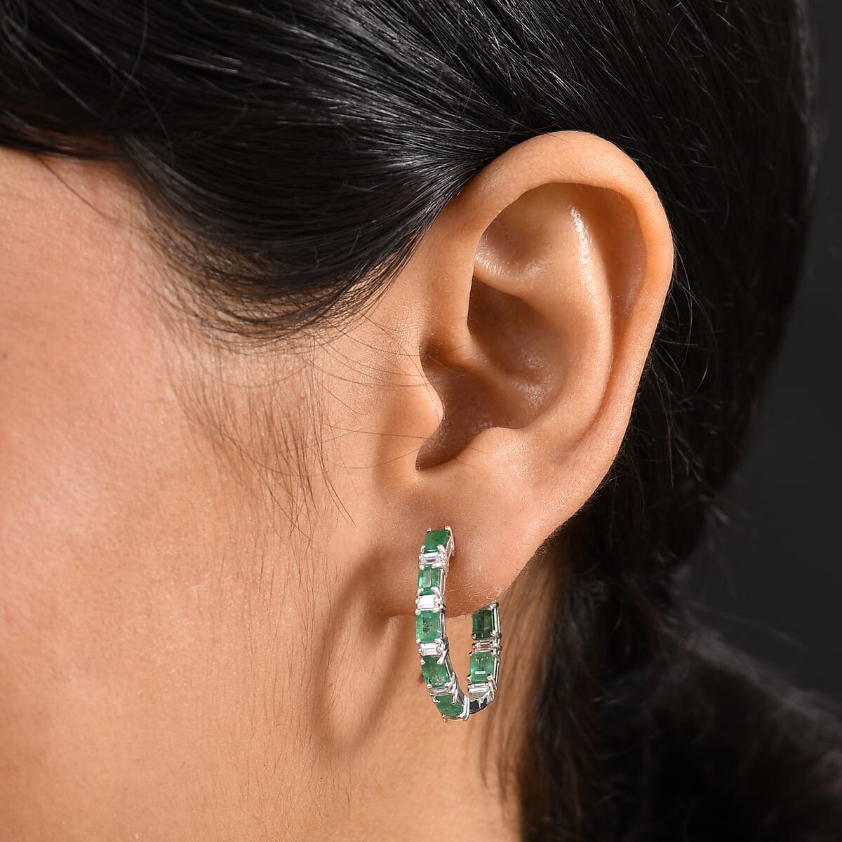 D’Joy Premium Kagem Zambian Emerald, and Moissanite Hoop 4.00 ctw Earrings in Rhodium Over Sterling Silver  image number 2
