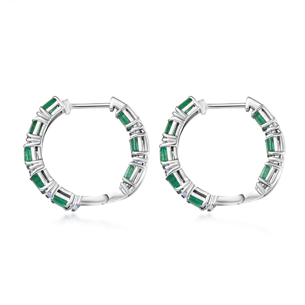 D’Joy Premium Kagem Zambian Emerald, and Moissanite Hoop 4.00 ctw Earrings in Rhodium Over Sterling Silver  image number 3