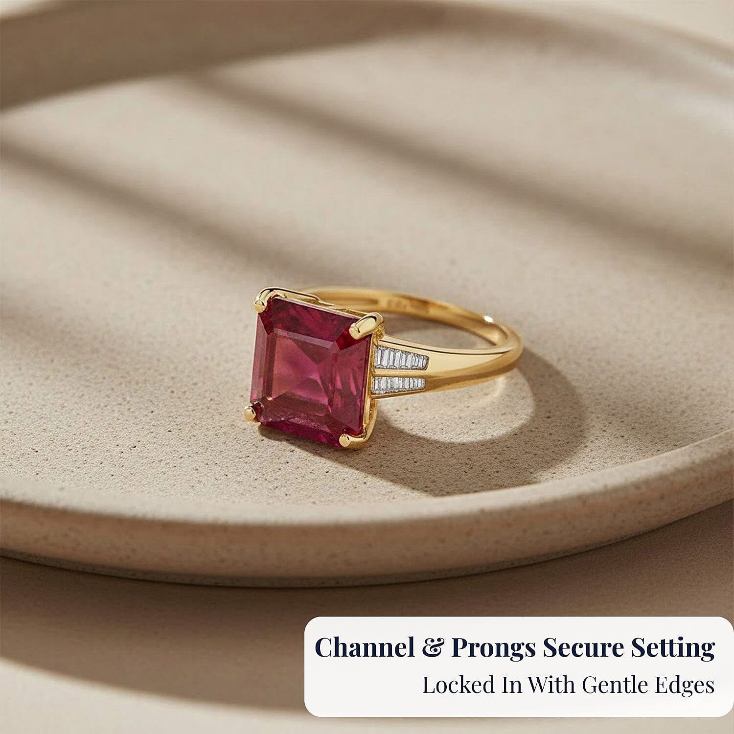 D'Joy Asscher Cut Premium Niassa Ruby (FF) and Diamond 7.60 ctw Art Deco Ring in 18K Vermeil Yellow Gold Over Sterling Silver (Size 10.0)