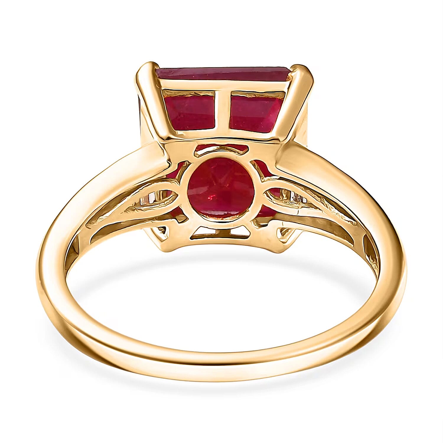 D'Joy Asscher Cut Premium Niassa Ruby (FF) and Diamond 7.60 ctw Art Deco Ring in 18K Vermeil Yellow Gold Over Sterling Silver (Size 10.0)