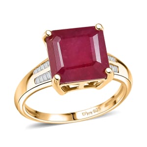 D'Joy Asscher Cut Premium Niassa Ruby (FF) and Diamond 7.60 ctw Ring in 18K Vermeil Yellow Gold Over Sterling Silver (Size 7.0)