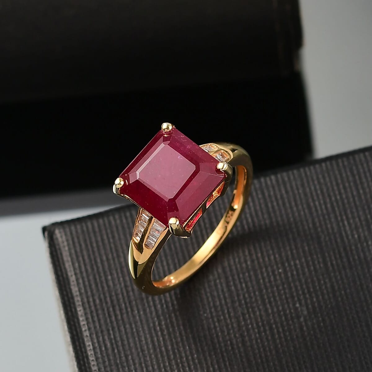 D'Joy Asscher Cut Premium Niassa Ruby (FF) and Diamond 7.60 ctw Ring in 18K Vermeil Yellow Gold Over Sterling Silver (Size 7.0) image number 1