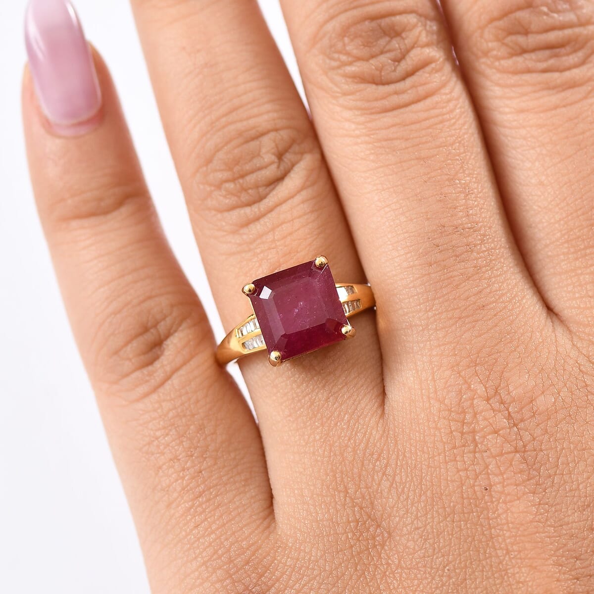D'Joy Asscher Cut Premium Niassa Ruby (FF) and Diamond 7.60 ctw Ring in 18K Vermeil Yellow Gold Over Sterling Silver (Size 7.0) image number 2