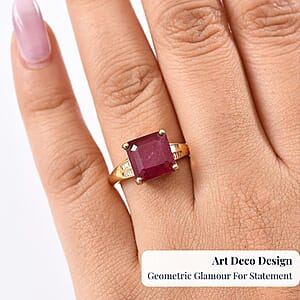 D'Joy Asscher Cut Premium Niassa Ruby (FF) and Diamond 7.60 ctw Art Deco Ring in 18K Vermeil Yellow Gold Over Sterling Silver (Size 8.0)