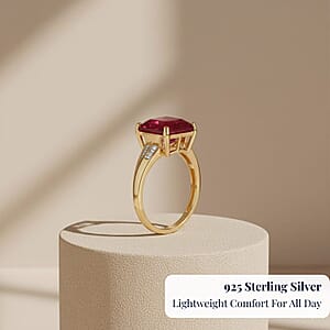 D'Joy Asscher Cut Premium Niassa Ruby (FF) and Diamond 7.60 ctw Art Deco Ring in 18K Vermeil Yellow Gold Over Sterling Silver (Size 8.0)