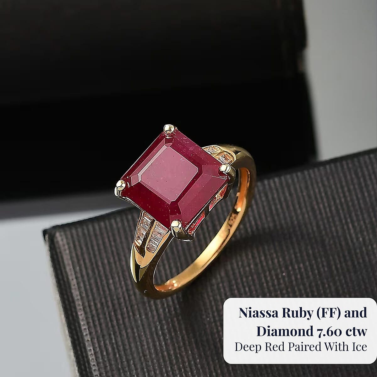 D'Joy Asscher Cut Premium Niassa Ruby (FF) and Diamond 7.60 ctw Art Deco Ring in 18K Vermeil Yellow Gold Over Sterling Silver (Size 8.0) image number 5