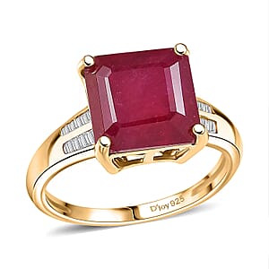 D'Joy Asscher Cut Premium Niassa Ruby (FF) and Diamond 7.60 ctw Art Deco Ring in 18K Vermeil Yellow Gold Over Sterling Silver (Size 9.0)