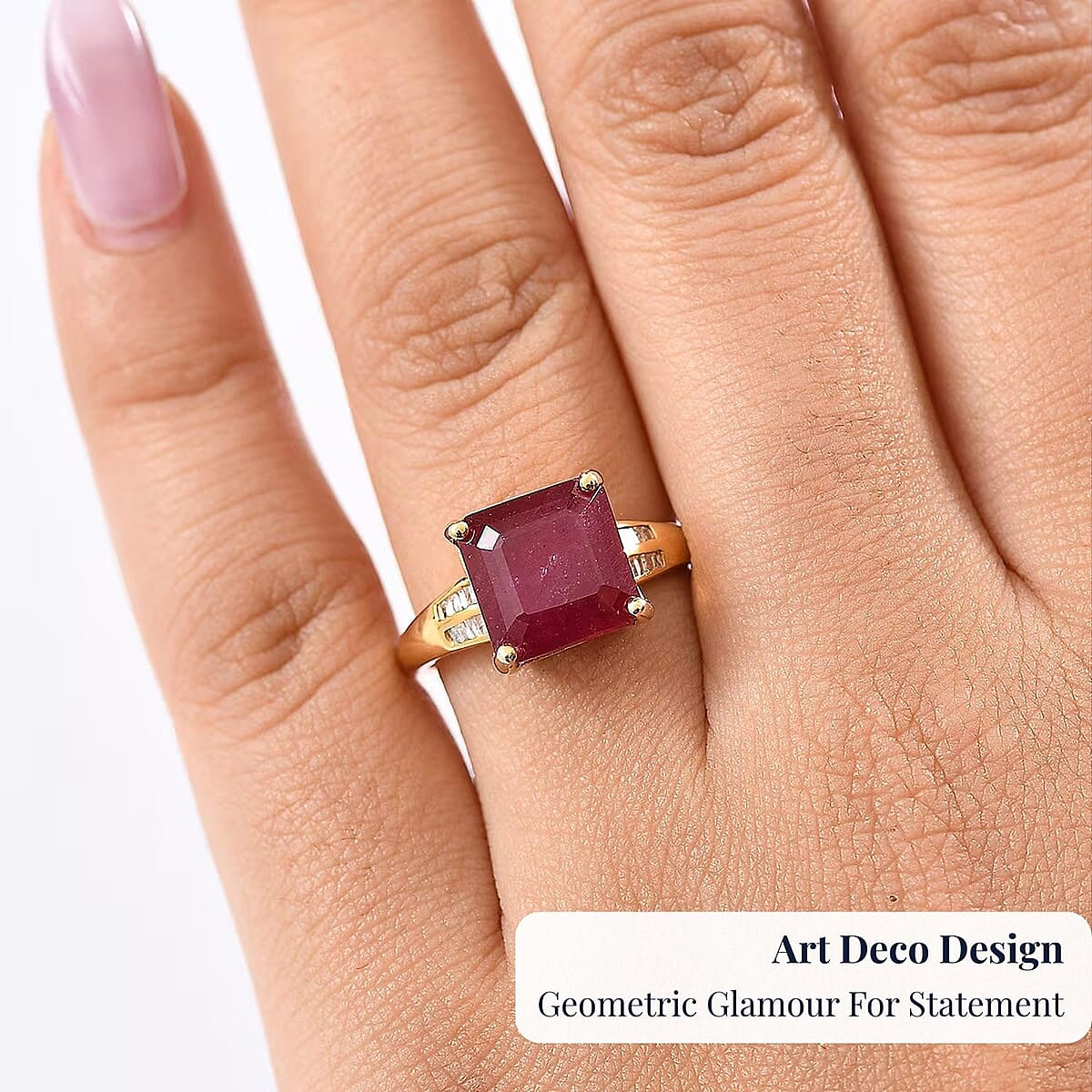D'Joy Asscher Cut Premium Niassa Ruby (FF) and Diamond 7.60 ctw Art Deco Ring in 18K Vermeil Yellow Gold Over Sterling Silver (Size 9.0) image number 1