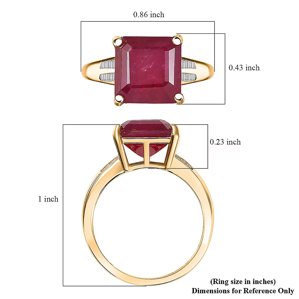 D'Joy Asscher Cut Premium Niassa Ruby (FF) and Diamond 7.60 ctw Art Deco Ring in 18K Vermeil Yellow Gold Over Sterling Silver (Size 9.0) image number 6