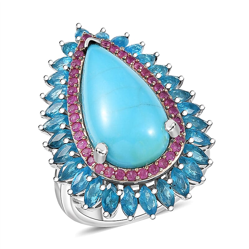 D’Joy Premium Sleeping Beauty Turquoise and Multi Gemstone 9.25 ctw Halo Ring in Rhodium Over Sterling Silver (Size 10.0) 