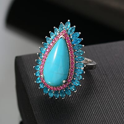D’Joy Premium Sleeping Beauty Turquoise and Multi Gemstone 9.25 ctw Halo Ring in Rhodium Over Sterling Silver (Size 10.0) 