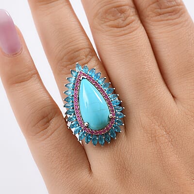 D’Joy Premium Sleeping Beauty Turquoise and Multi Gemstone 9.25 ctw Halo Ring in Rhodium Over Sterling Silver (Size 10.0) 