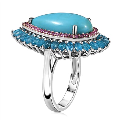 D’Joy Premium Sleeping Beauty Turquoise and Multi Gemstone 9.25 ctw Halo Ring in Rhodium Over Sterling Silver (Size 10.0) 