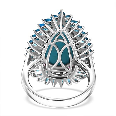 D’Joy Premium Sleeping Beauty Turquoise and Multi Gemstone 9.25 ctw Halo Ring in Rhodium Over Sterling Silver (Size 10.0) 