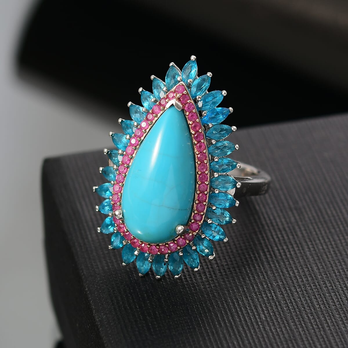 D’Joy Premium Sleeping Beauty Turquoise and Multi Gemstone 9.25 ctw Halo Ring in Rhodium Over Sterling Silver (Size 6.0) image number 1