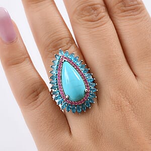 D'Joy Premium Sleeping Beauty Turquoise and Multi Gemstone 9.25 ctw Royal Crown Ring in Rhodium Over Sterling Silver (Size 6.0)
