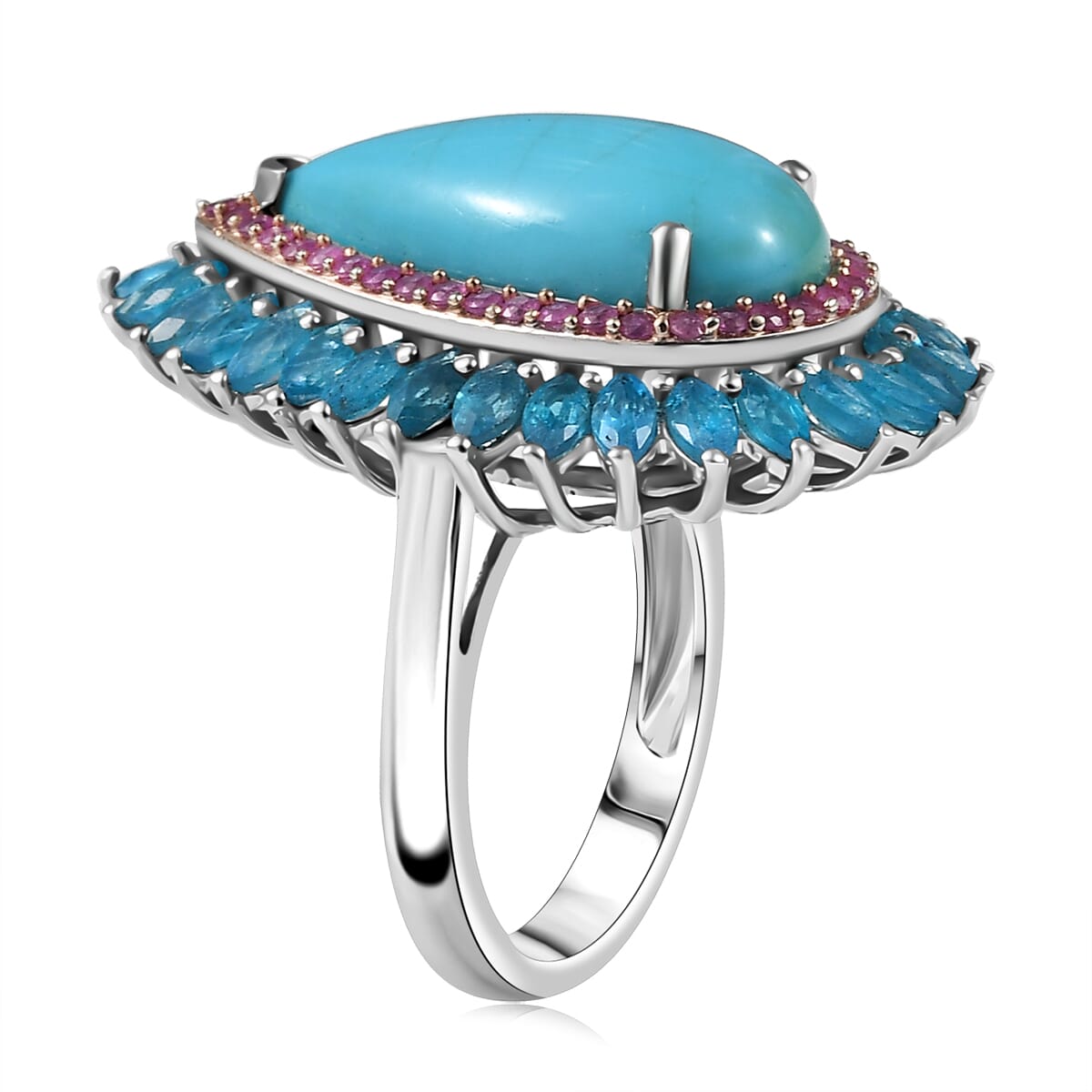 D’Joy Premium Sleeping Beauty Turquoise and Multi Gemstone 9.25 ctw Halo Ring in Rhodium Over Sterling Silver (Size 6.0) image number 3