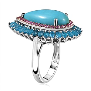 D'Joy Premium Sleeping Beauty Turquoise and Multi Gemstone 9.25 ctw Royal Crown Ring in Rhodium Over Sterling Silver (Size 6.0)
