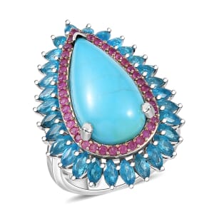 D’Joy Premium Sleeping Beauty Turquoise and Multi Gemstone 9.25 ctw Ring in Rhodium Over Sterling Silver (Size 8.0) 