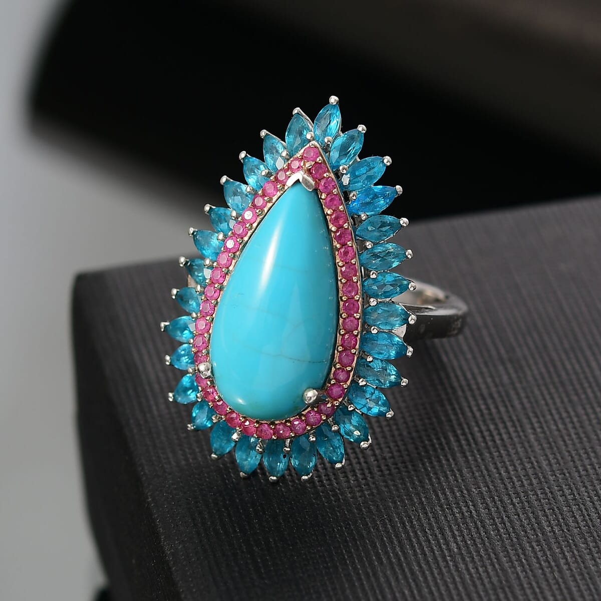 D’Joy Premium Sleeping Beauty Turquoise and Multi Gemstone 9.25 ctw Ring in Rhodium Over Sterling Silver (Size 8.0)  image number 1