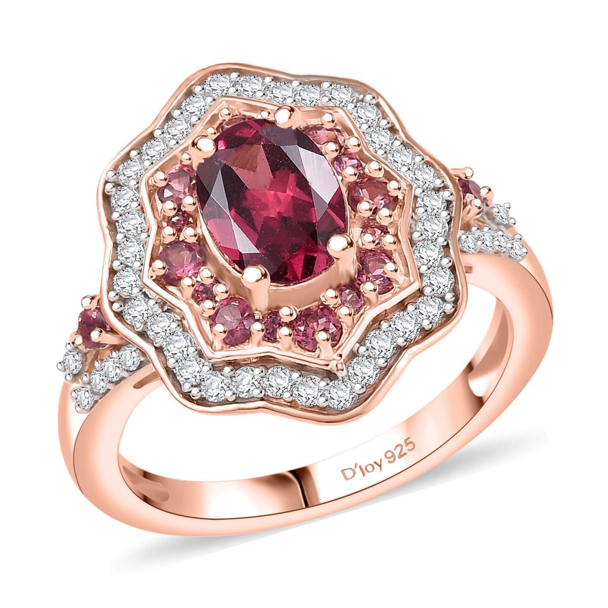 D'Joy Tanzanian Wine Garnet and White Zircon 2.30 ctw Scarlet Aura Ring in 18K Vermeil Rose Gold Over Sterling Silver (Size 10.0) image number 0